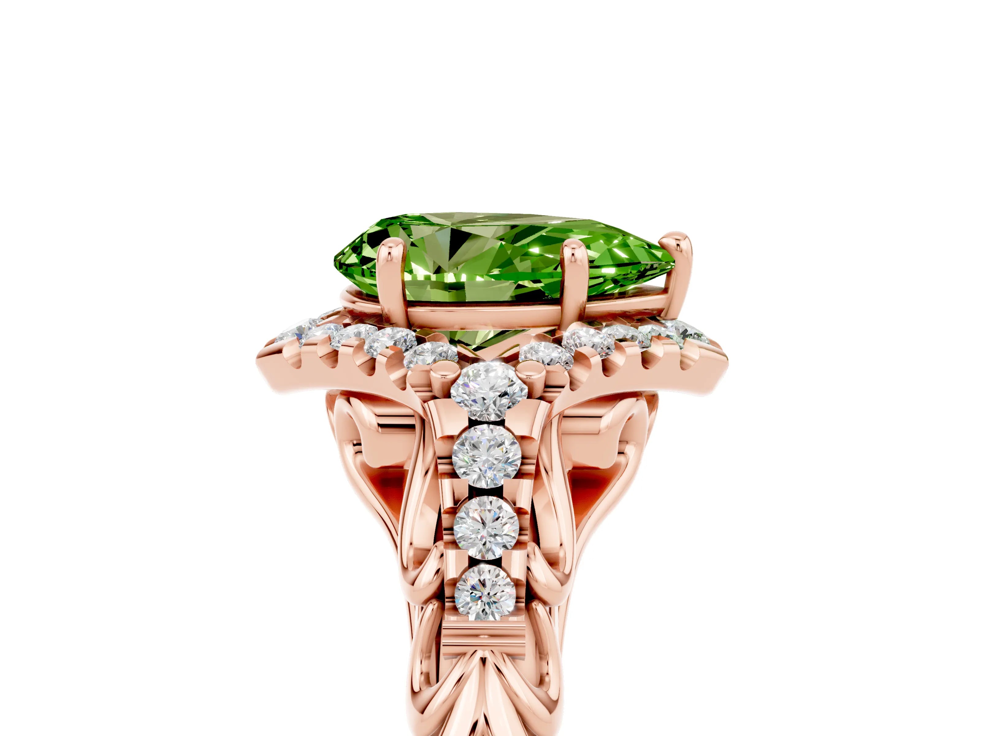 Rose gold Pear Cut Peridot Solitaire Ring with Hidden Halo and Pavé Band_17
