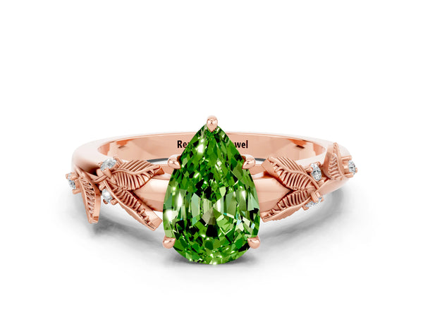 Rose gold Pear Cut Peridot Solitaire Ring with Leaf Motif Band and Four-Prong Setting