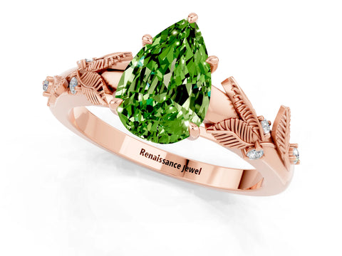 Rose gold Pear Cut Peridot Solitaire Ring with Leaf Motif Band and Four-Prong Setting_1