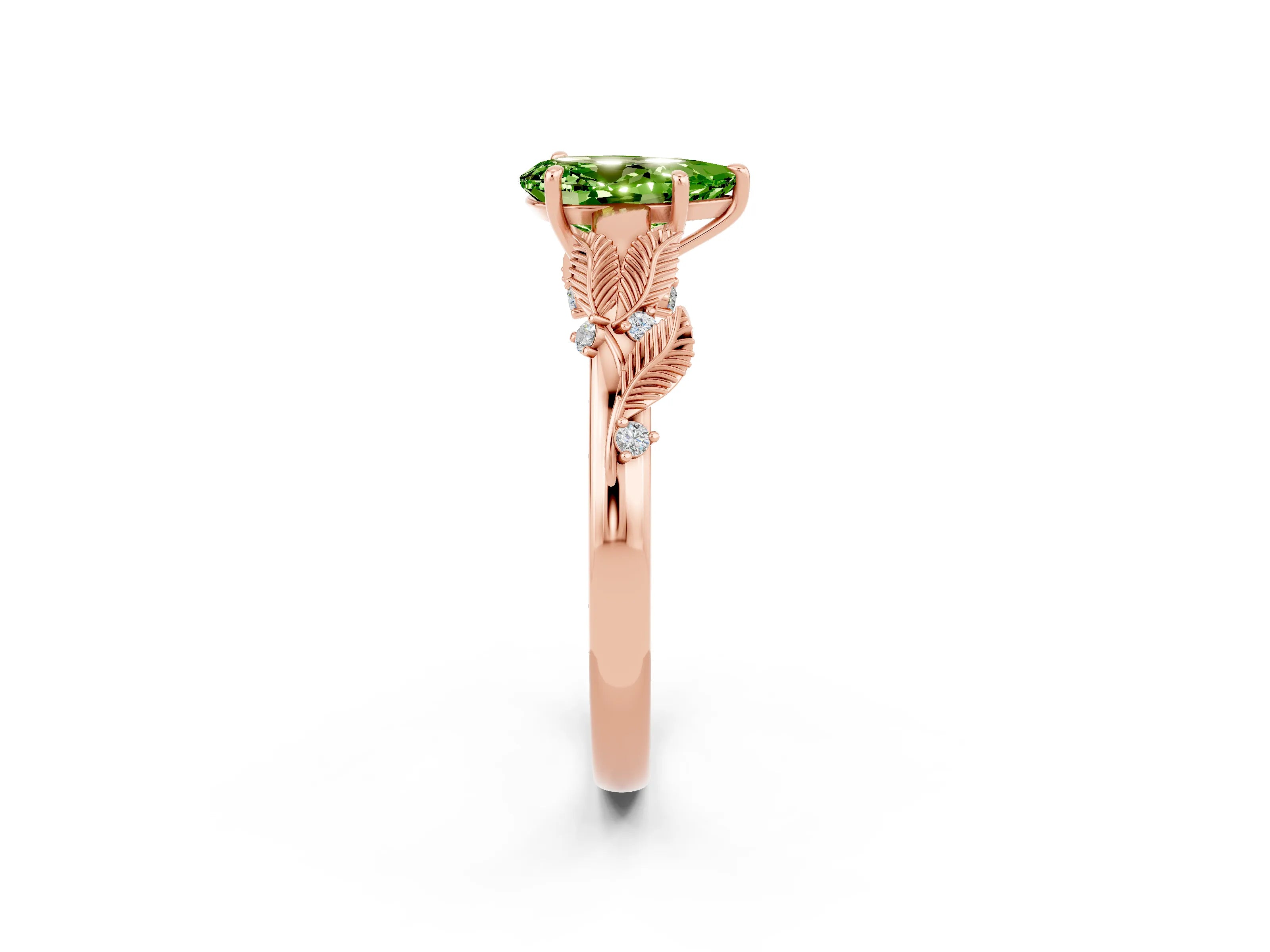 Rose gold Pear Cut Peridot Solitaire Ring with Leaf Motif Band and Four-Prong Setting_2