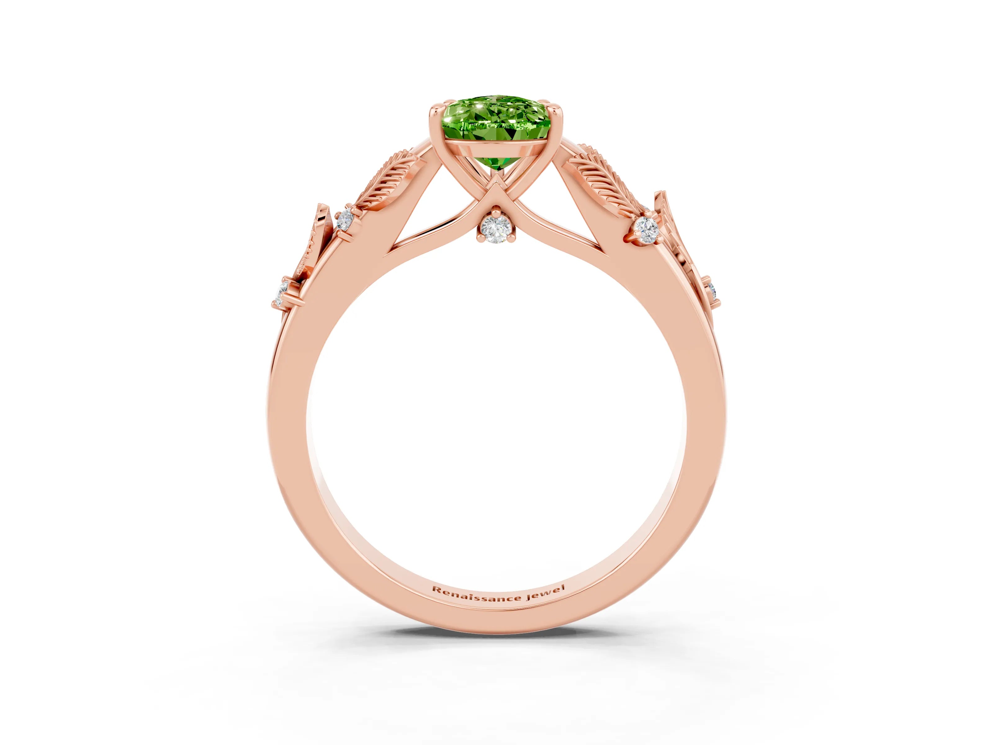 Rose gold Pear Cut Peridot Solitaire Ring with Leaf Motif Band and Four-Prong Setting_3