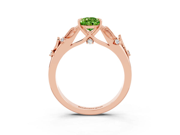 Rose gold Pear Cut Peridot Solitaire Ring with Leaf Motif Band and Four-Prong Setting