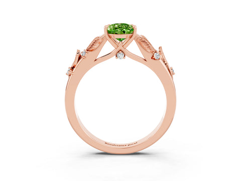 Rose gold Pear Cut Peridot Solitaire Ring with Leaf Motif Band and Four-Prong Setting_3