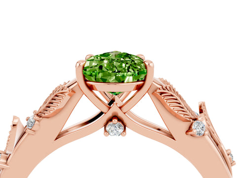 Rose gold Pear Cut Peridot Solitaire Ring with Leaf Motif Band and Four-Prong Setting_4