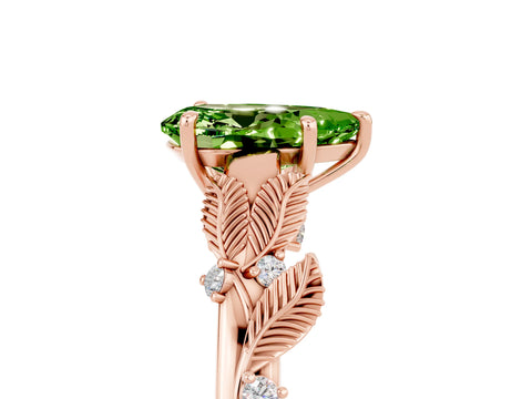 Rose gold Pear Cut Peridot Solitaire Ring with Leaf Motif Band and Four-Prong Setting_5