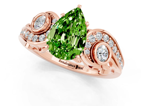 Rose gold Pear Cut Peridot Solitaire Ring with Milgrain Pavé Band and Four-Prong Setting