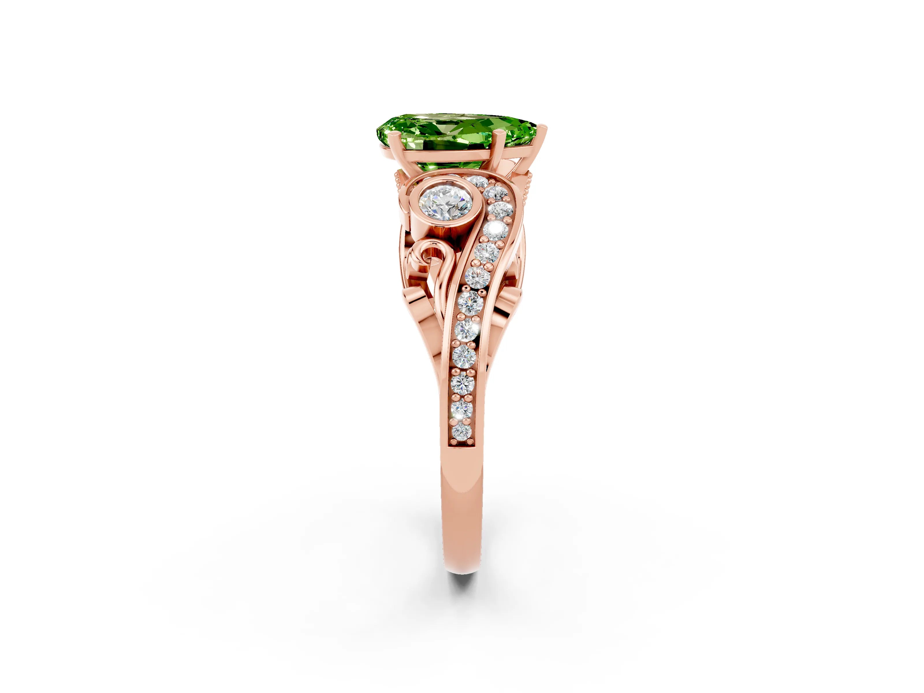 Rose gold Pear Cut Peridot Solitaire Ring with Milgrain Pavé Band and Four-Prong Setting_26