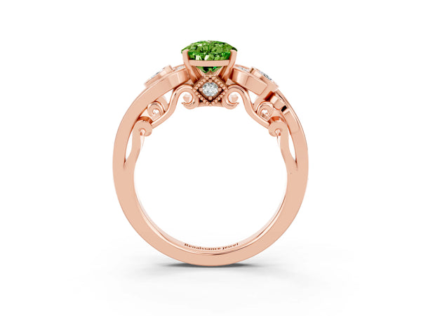 Rose gold Pear Cut Peridot Solitaire Ring with Milgrain Pavé Band and Four-Prong Setting
