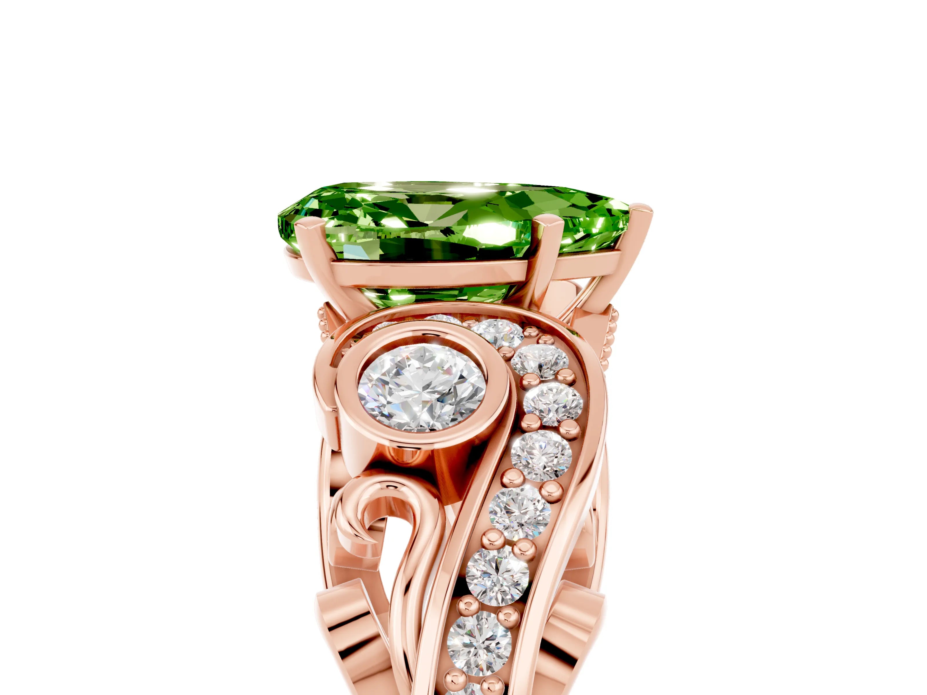 Rose gold Pear Cut Peridot Solitaire Ring with Milgrain Pavé Band and Four-Prong Setting_29