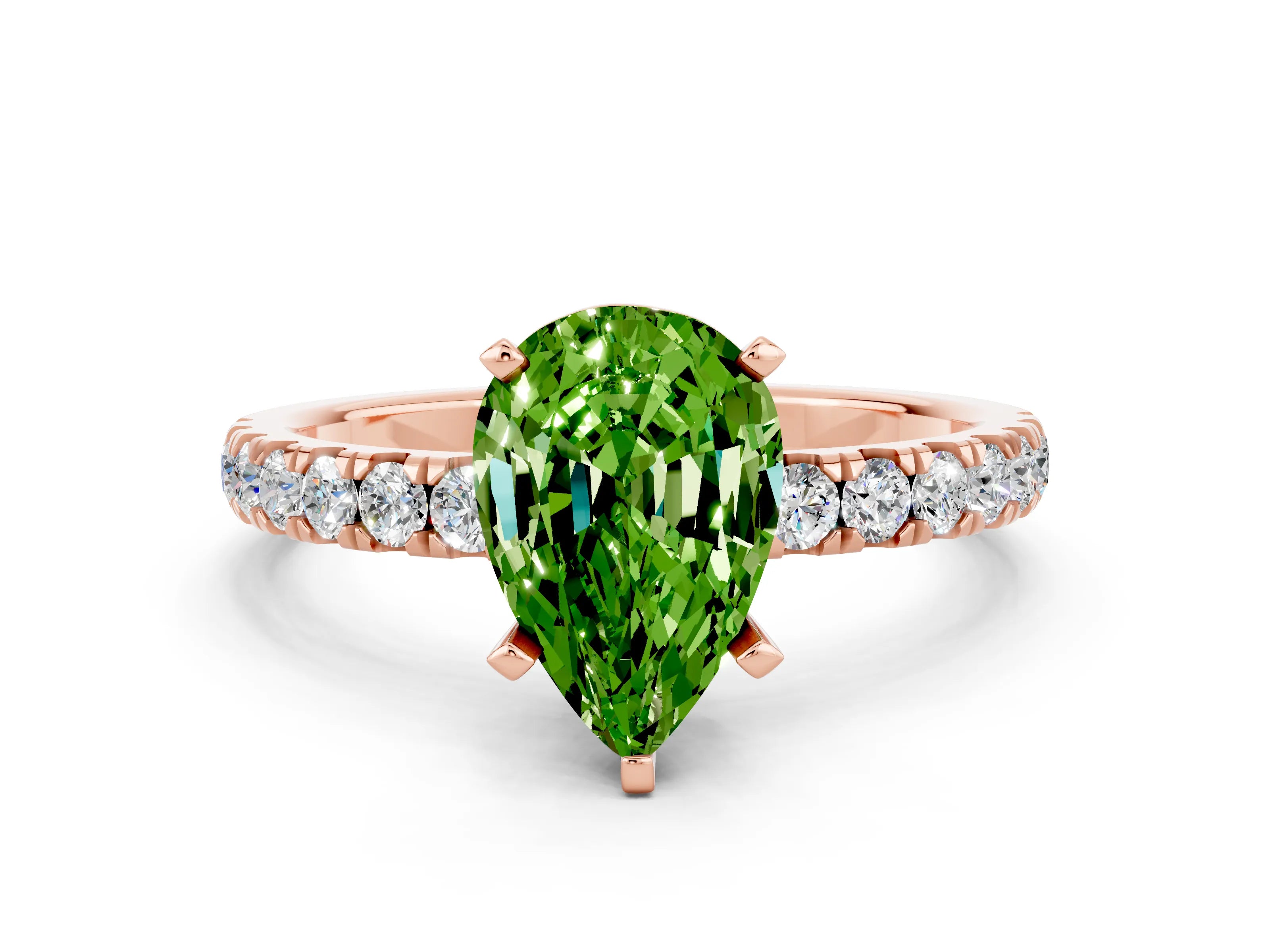 Rose gold Pear Cut Peridot Solitaire Ring with Pavé Accents and Four-Prong Setting