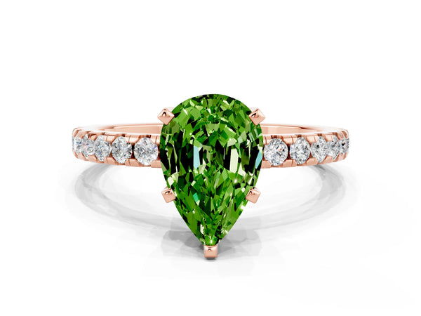 Rose gold Pear Cut Peridot Solitaire Ring with Round  Pavé Band and Four-Prong Setting