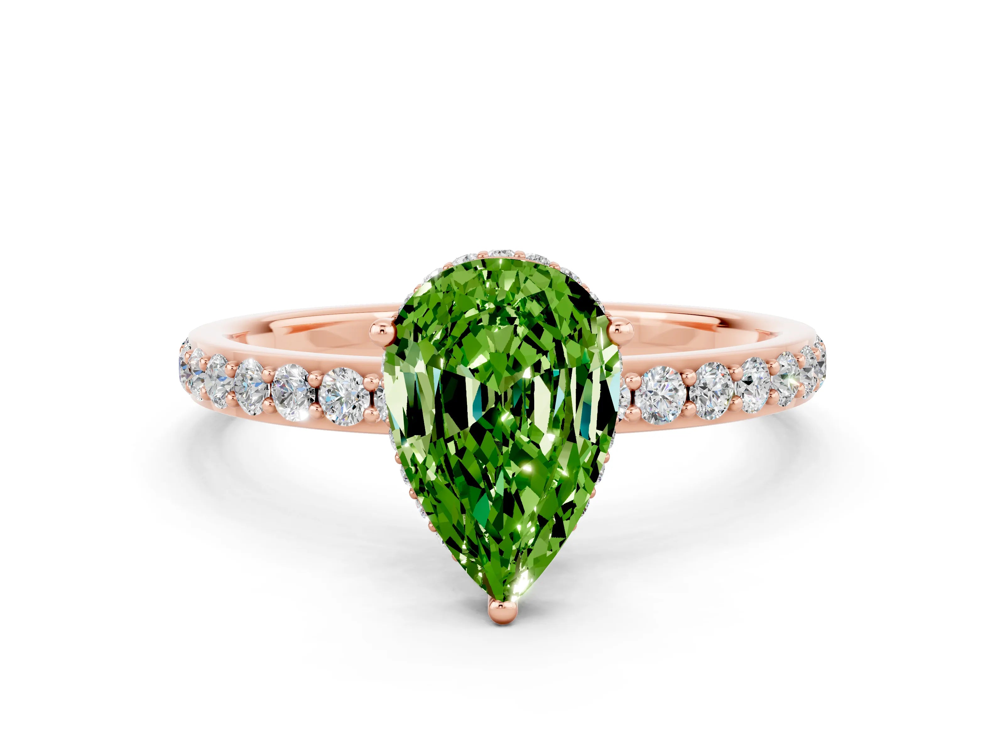 Rose gold Pear Cut Peridot Solitaire Ring with Pavé Band and Hidden Halo_12