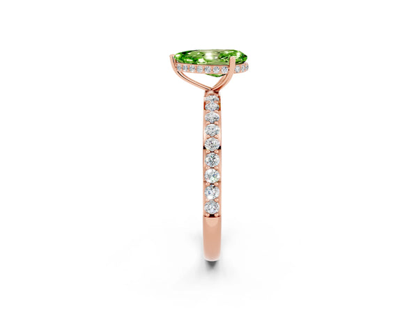 Rose gold Pear Cut Peridot Solitaire Ring with Pavé Band and Hidden Halo