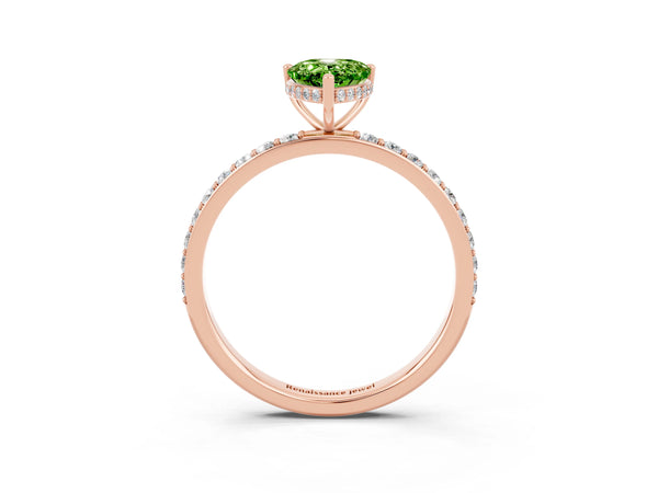 Rose gold Pear Cut Peridot Solitaire Ring with Pavé Band and Hidden Halo
