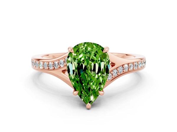 Rose gold Pear Cut Peridot Solitaire Ring with Pavé Band and Prong Setting