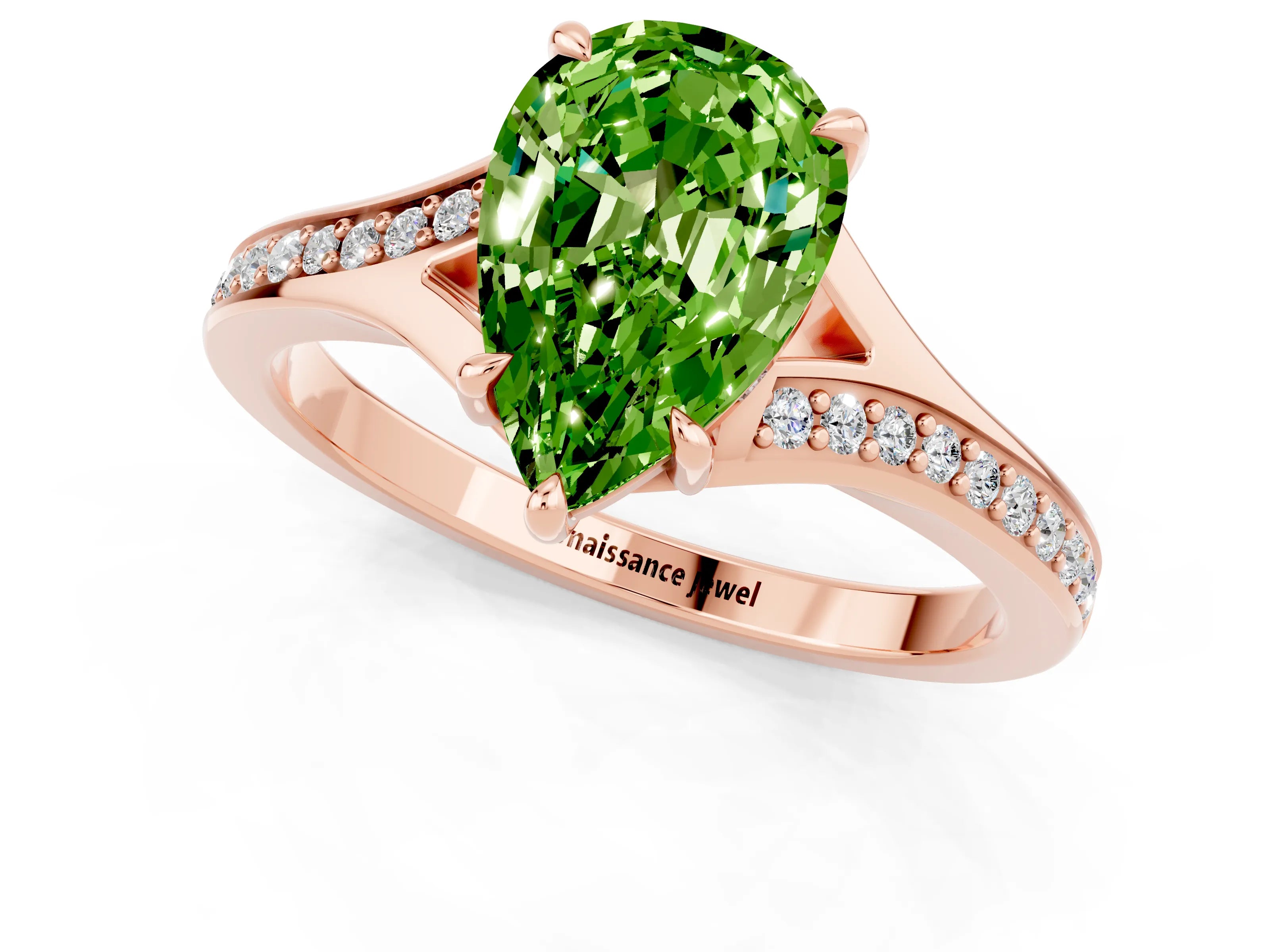 Rose gold Pear Cut Peridot Solitaire Ring with Pavé Band and Prong Setting_13