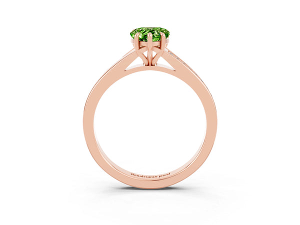 Rose gold Pear Cut Peridot Solitaire Ring with Pavé Band and Prong Setting