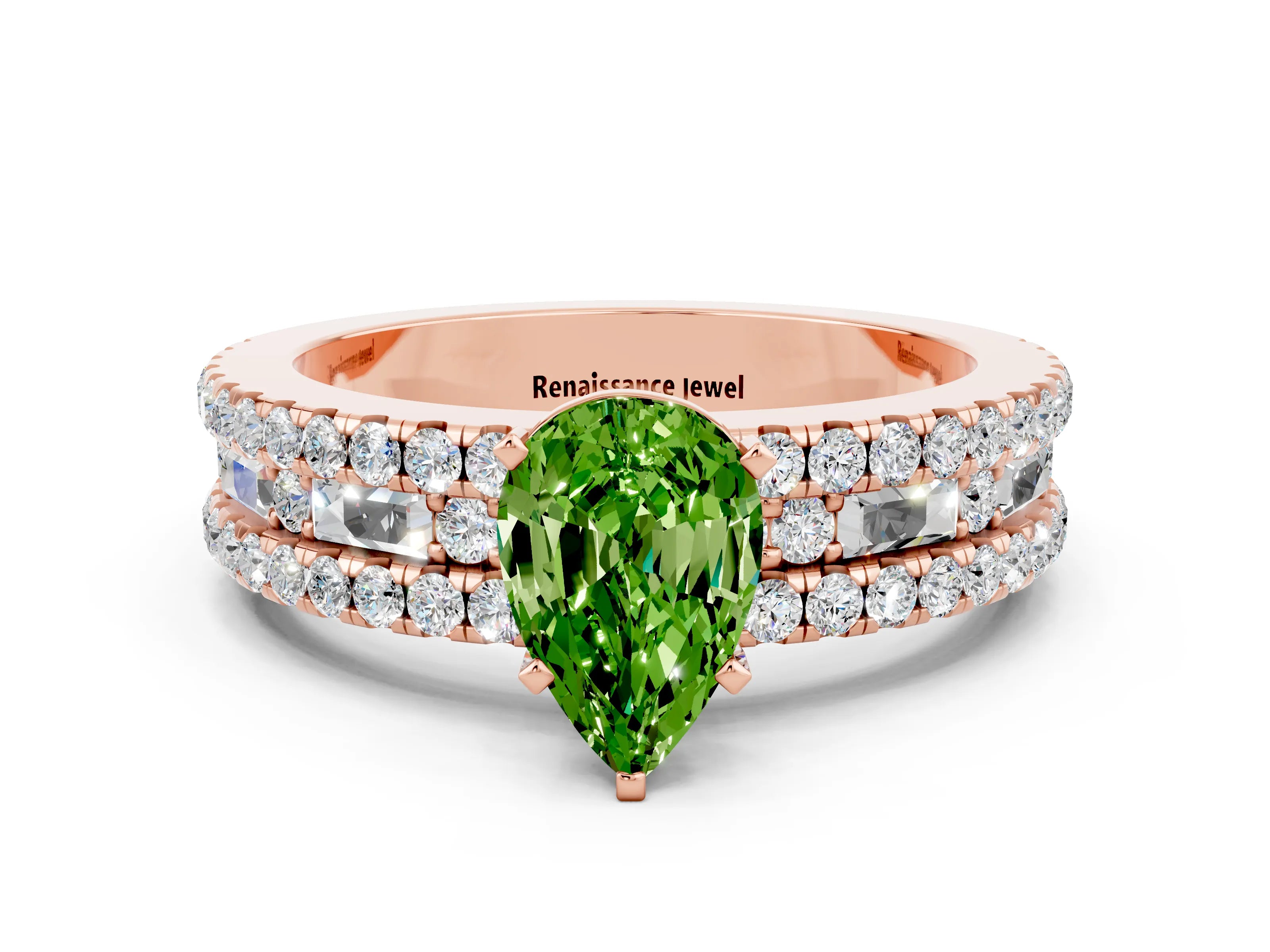 Rose gold Pear Cut Peridot Solitaire Ring with Pavé and Channel Set Band