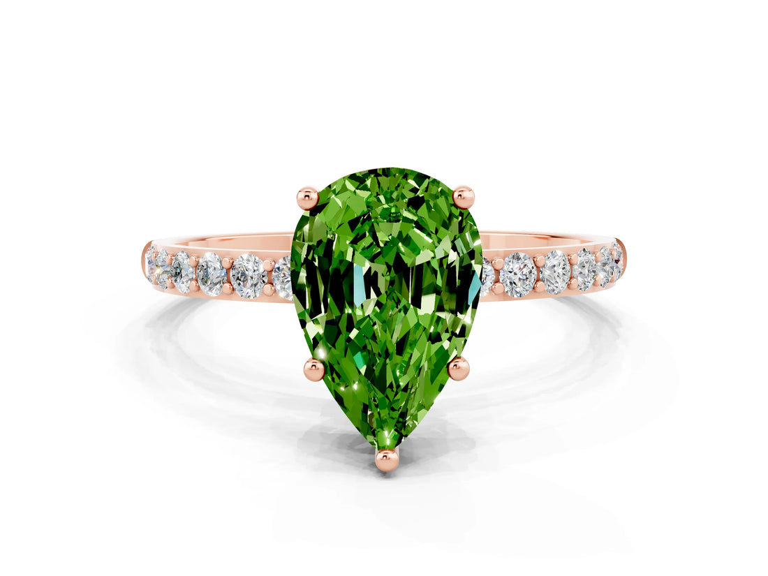 Rose gold Pear Cut Peridot Solitaire Ring with Pave Band and Four Prong Setting_24