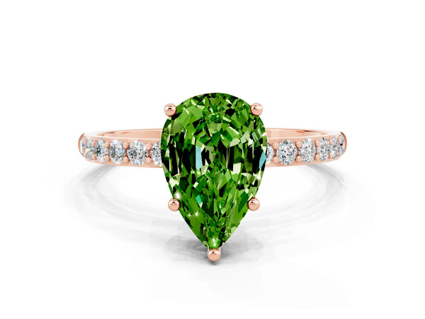 Rose gold Pear Cut Peridot Solitaire Ring with Round  Pavé Band and Prong Setting