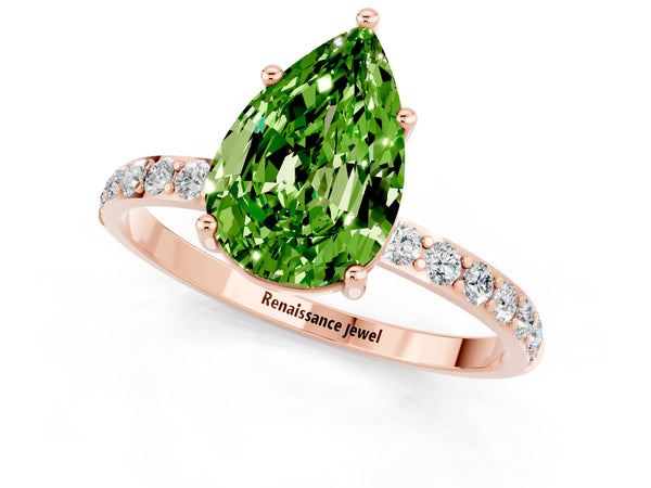 Rose gold Pear Cut Peridot Solitaire Ring with Round  Pavé Band and Prong Setting