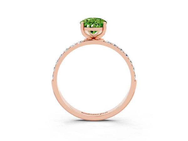 Rose gold Pear Cut Peridot Solitaire Ring with Round  Pavé Band and Prong Setting