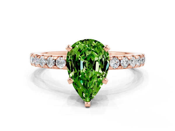 Rose gold Pear Cut Peridot Solitaire Ring with Round  Pavé Band and Four-Prong Setting