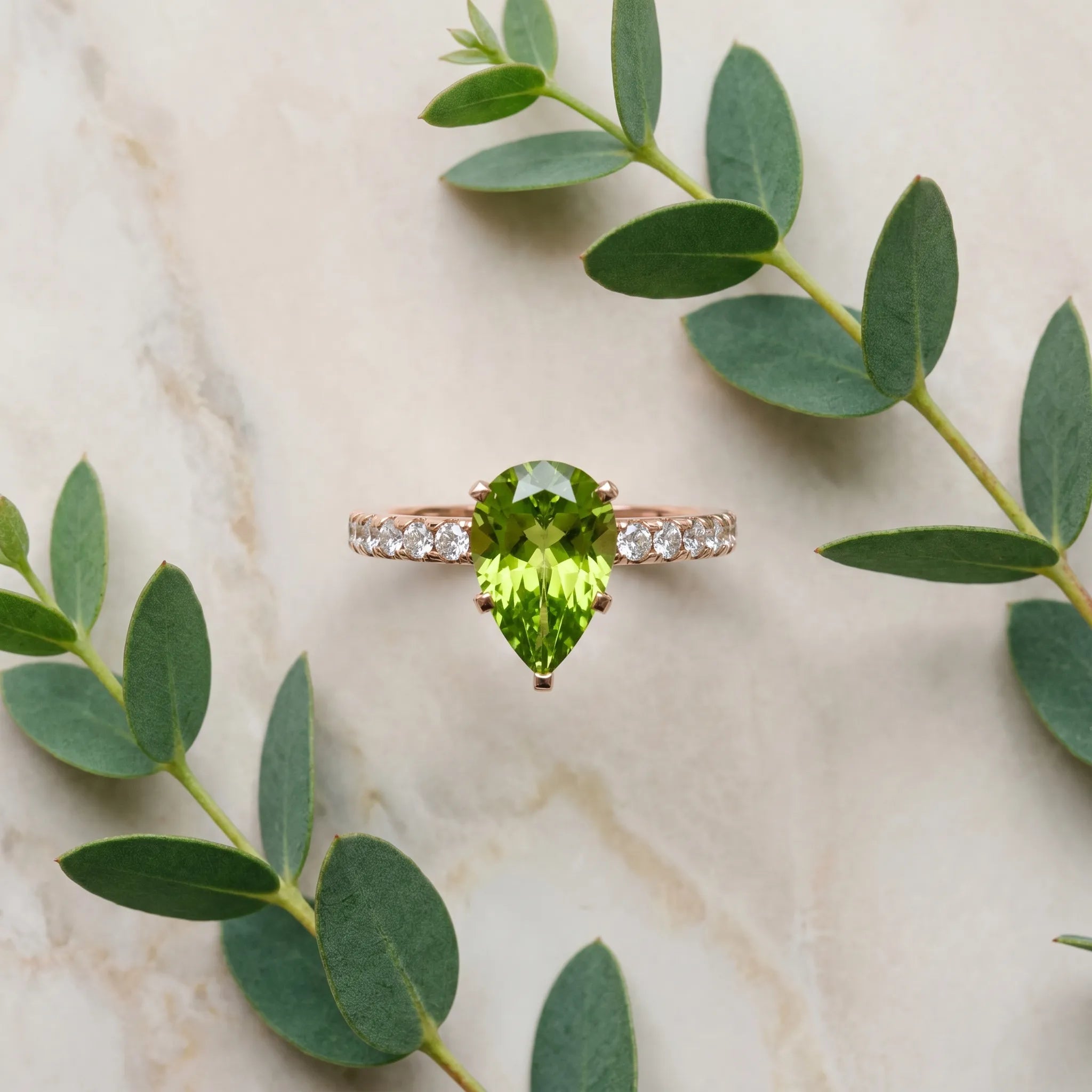 Rose gold Pear Cut Peridot Solitaire Ring with Round  Pavé Band and Four-Prong Setting_33