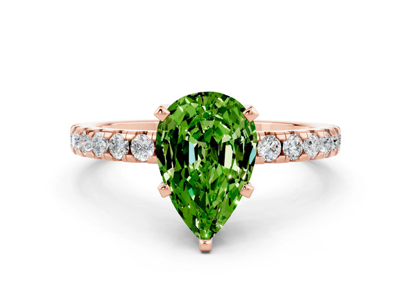 Rose gold Pear Cut Peridot Solitaire Ring with Round Pavé Band and Four-Prong Setting