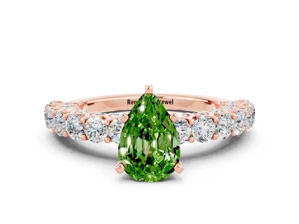 Rose gold Pear Cut Peridot Solitaire Ring with Shared Prong Pavé Band and Four-Prong Setting