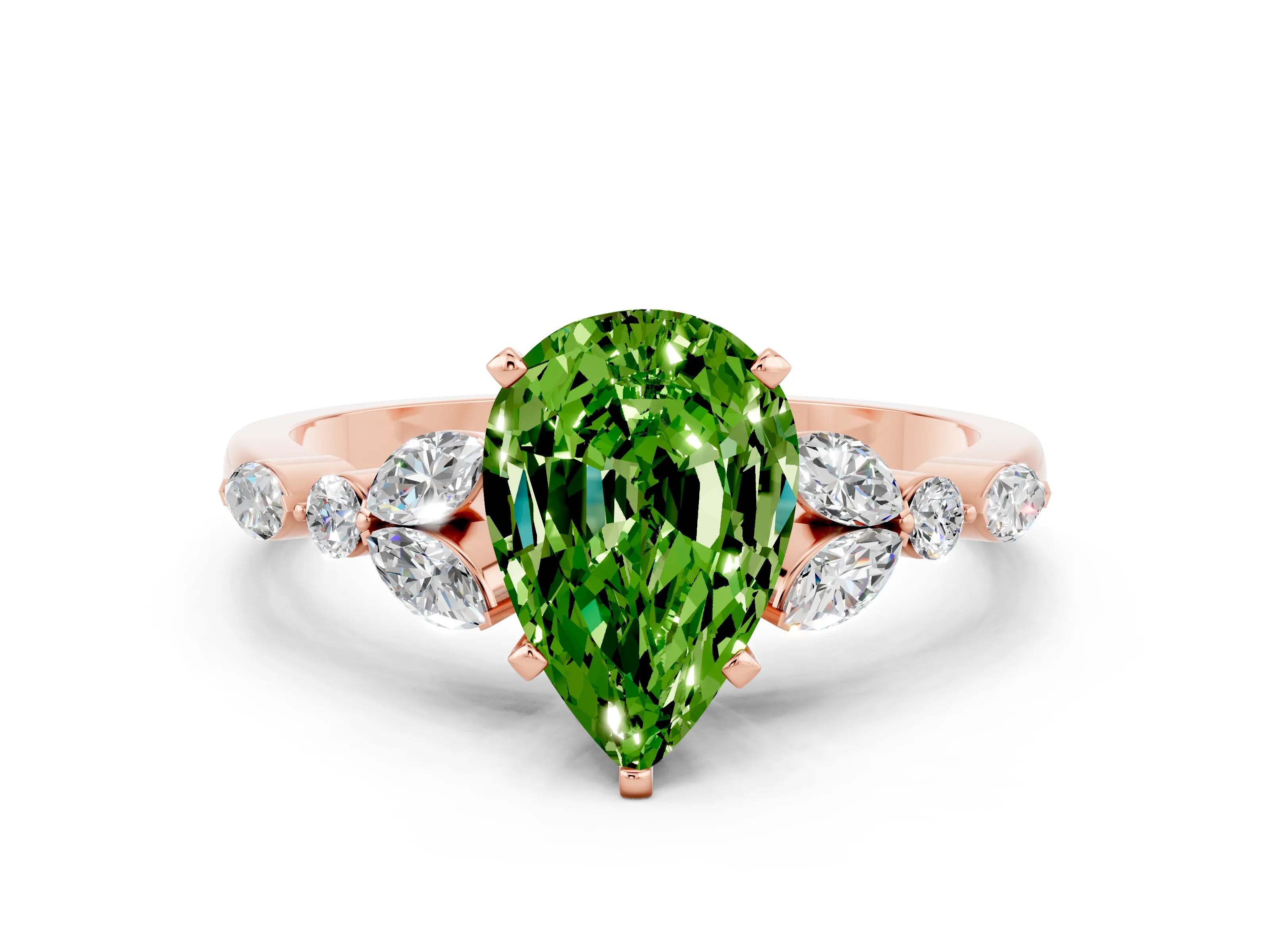 Rose gold Pear Cut Peridot Solitaire Ring with Side Stones and Four-Prong Setting_12