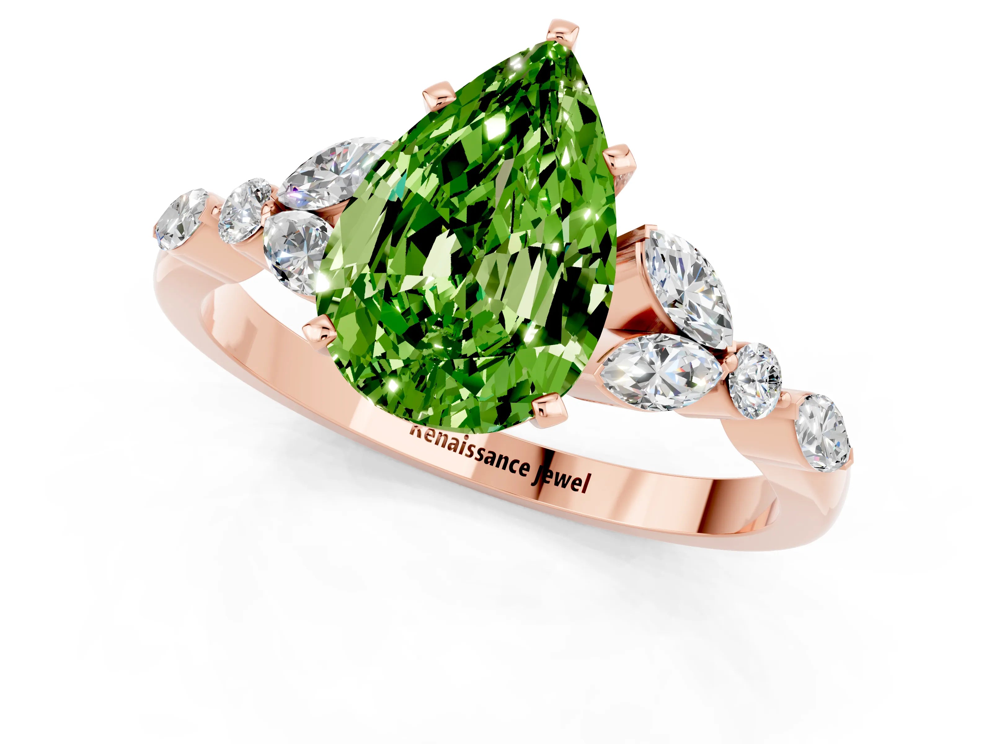 Rose gold Pear Cut Peridot Solitaire Ring with Side Stones and Four-Prong Setting_13