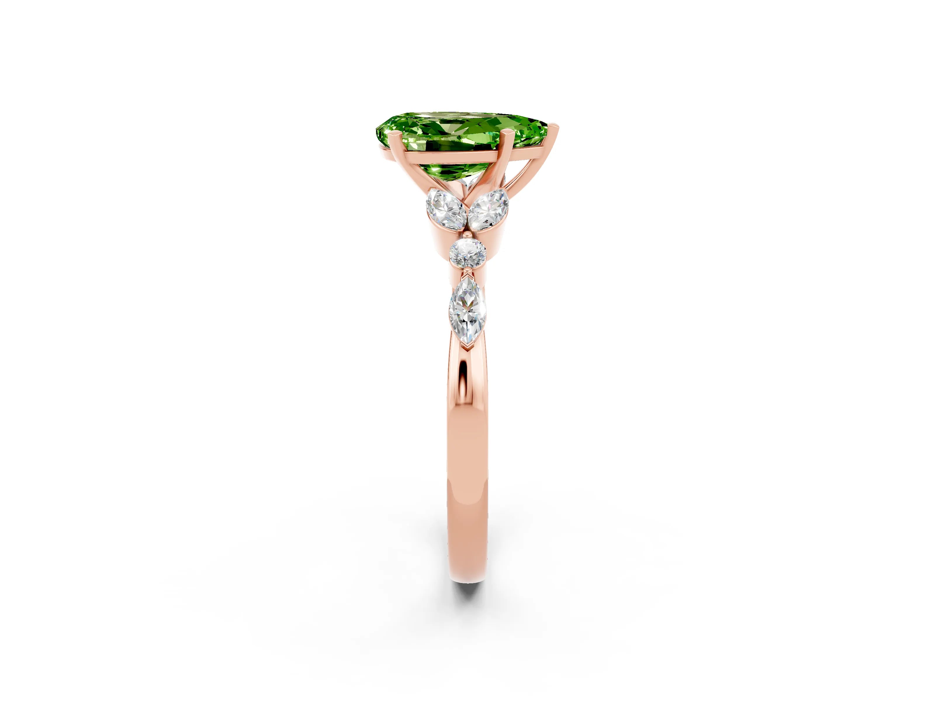 Rose gold Pear Cut Peridot Solitaire Ring with Side Stones and Four-Prong Setting_14