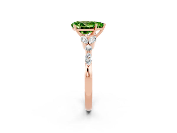 Rose gold Pear Cut Peridot Solitaire Ring with Side Stones and Four-Prong Setting
