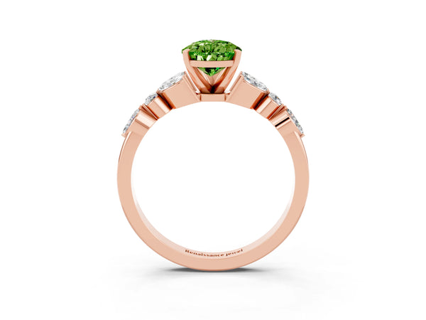Rose gold Pear Cut Peridot Solitaire Ring with Side Stones and Four-Prong Setting