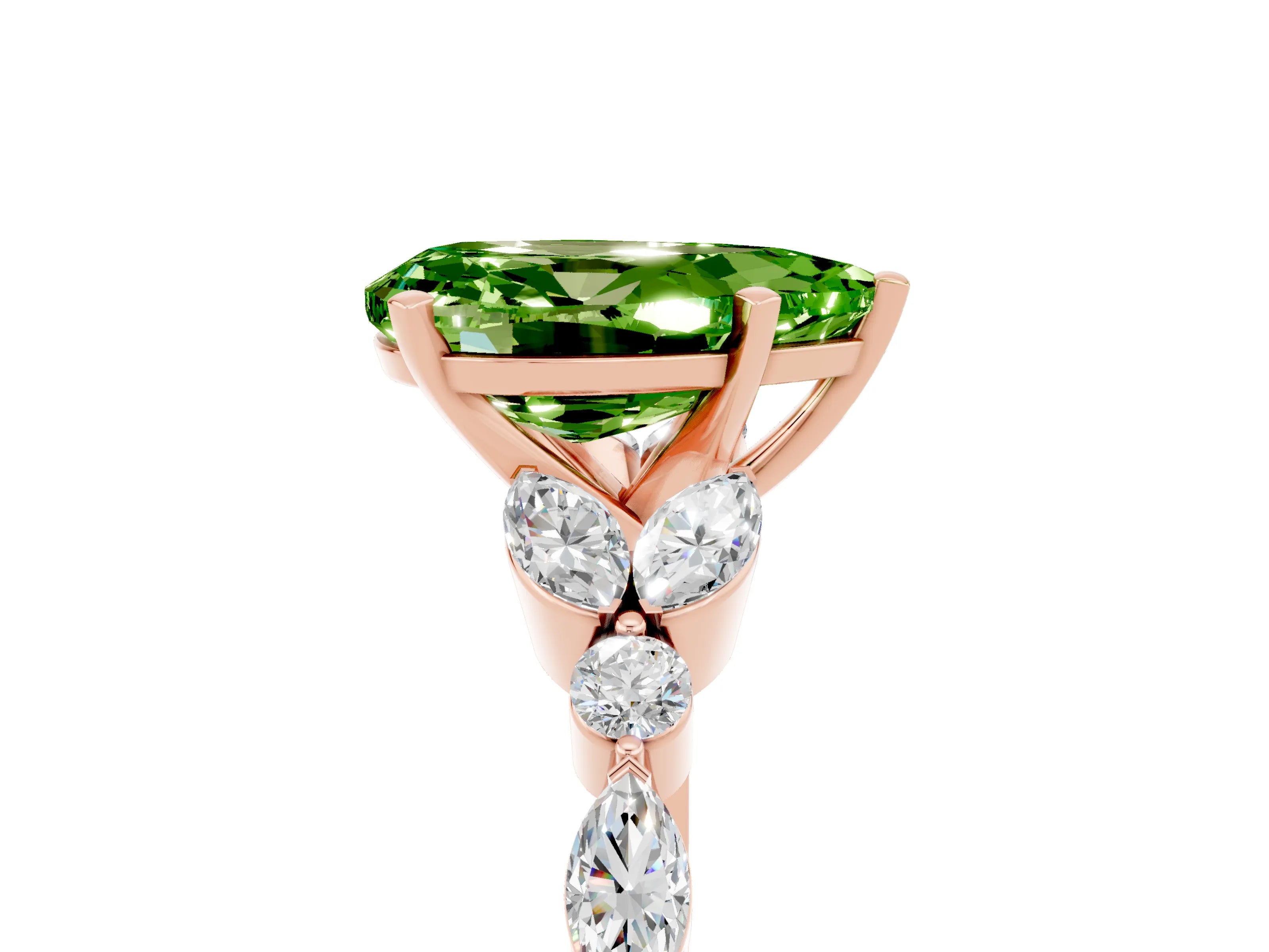 Rose gold Pear Cut Peridot Solitaire Ring with Side Stones and Four-Prong Setting_17