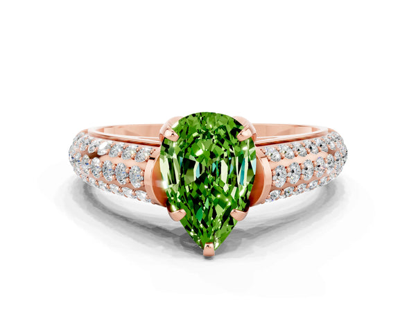 Rose gold Pear Cut Peridot Solitaire Ring with Three-Row Pavé Band and Four-Prong Setting