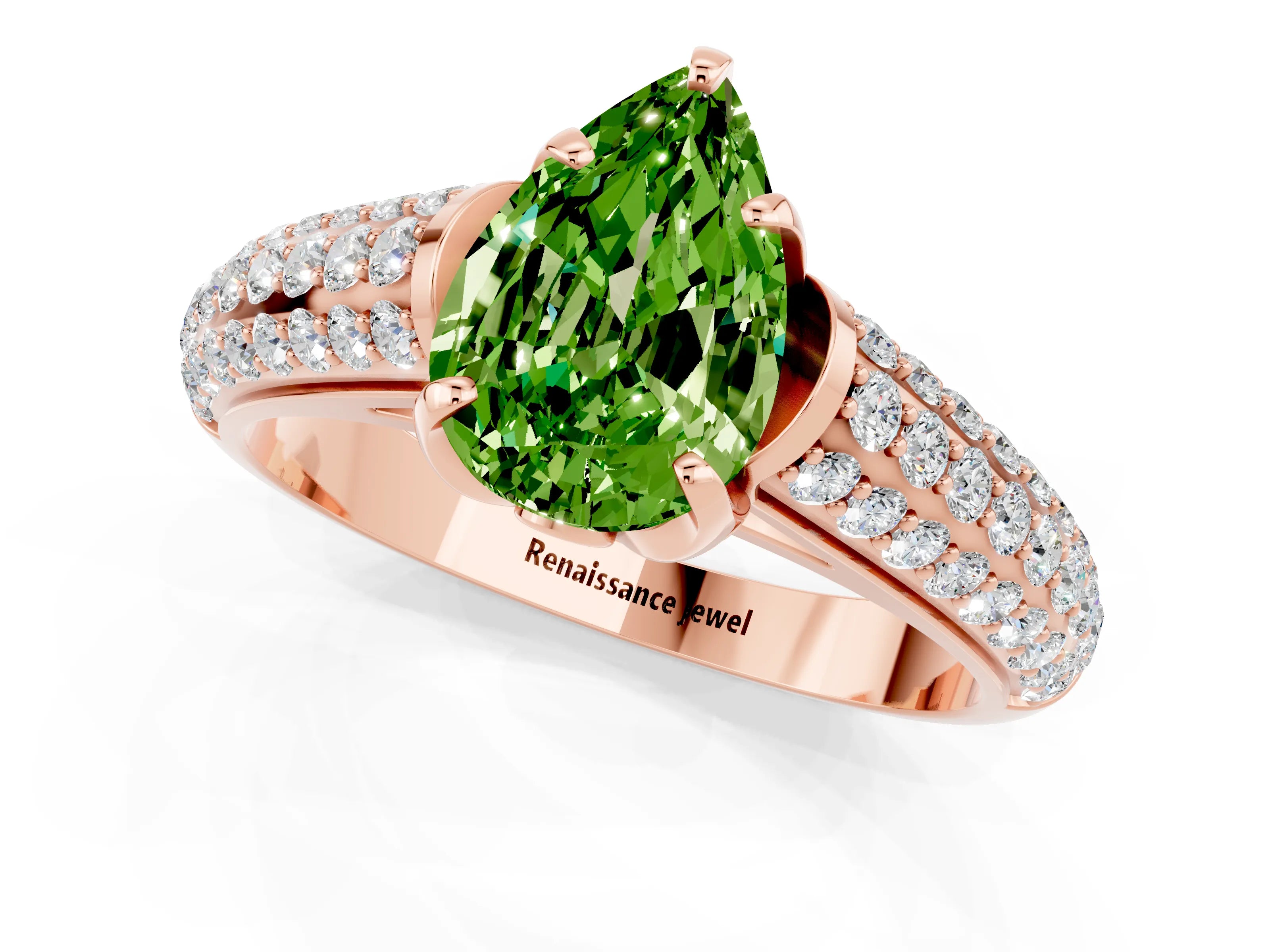 Rose gold Pear Cut Peridot Solitaire Ring with Three-Row Pavé Band and Four-Prong Setting_13