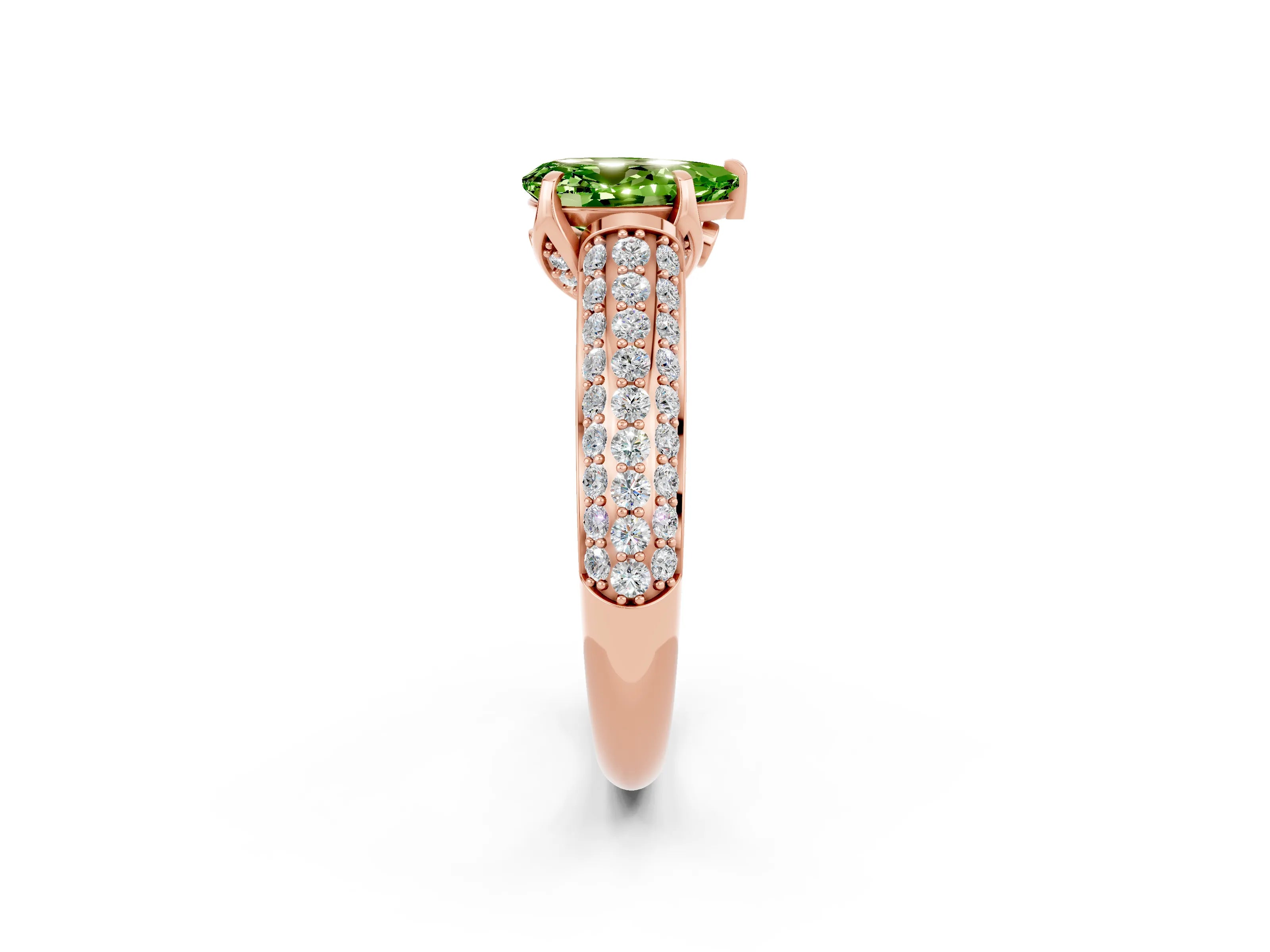 Rose gold Pear Cut Peridot Solitaire Ring with Three-Row Pavé Band and Four-Prong Setting_14