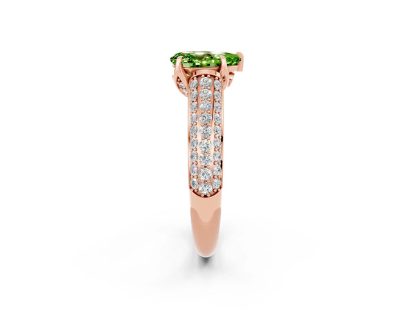 Rose gold Pear Cut Peridot Solitaire Ring with Three-Row Pavé Band and Four-Prong Setting