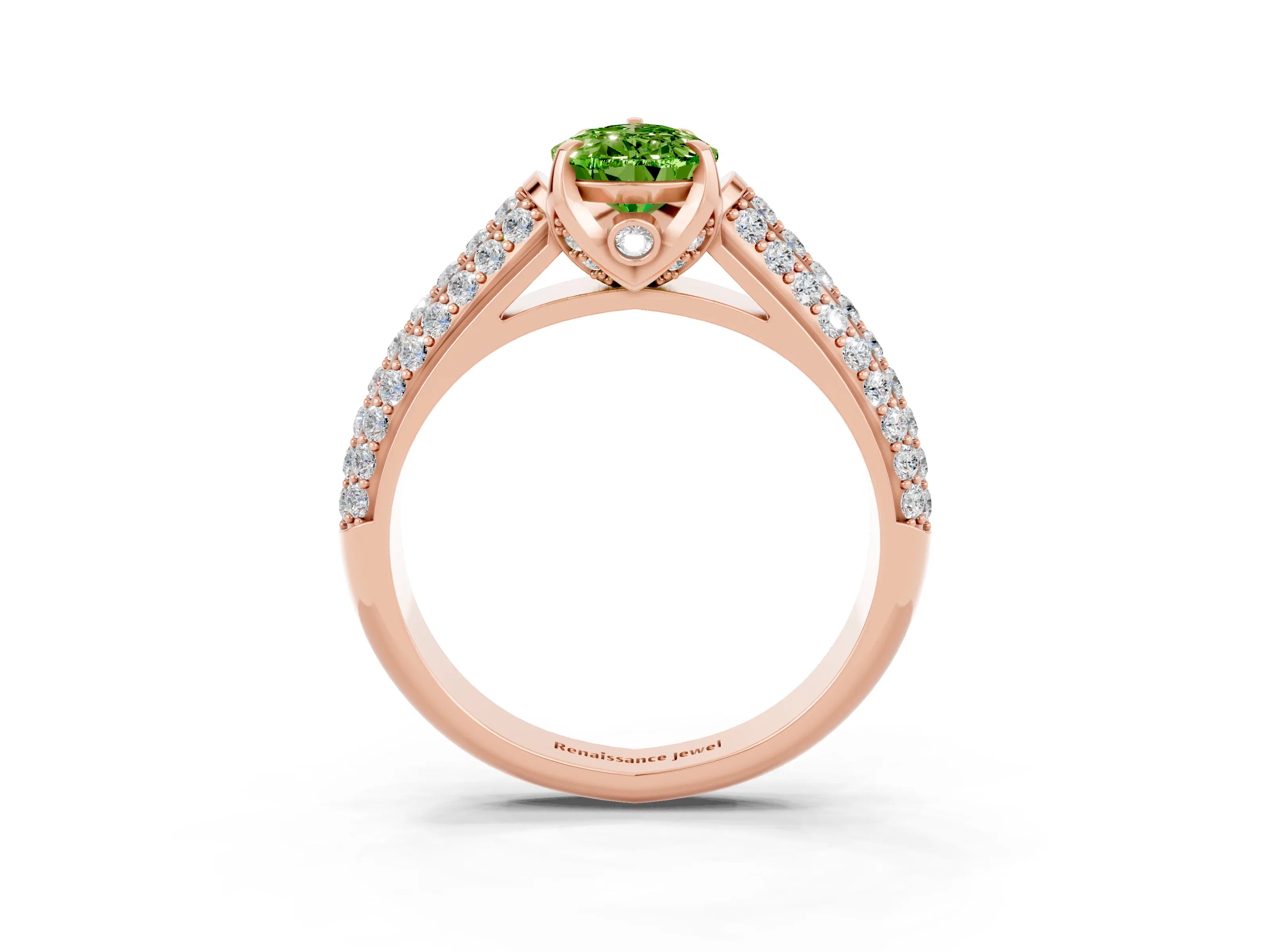 Rose gold Pear Cut Peridot Solitaire Ring with Three-Row Pavé Band and Four-Prong Setting_15