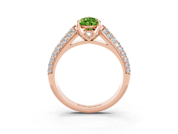 Rose gold Pear Cut Peridot Solitaire Ring with Three-Row Pavé Band and Four-Prong Setting