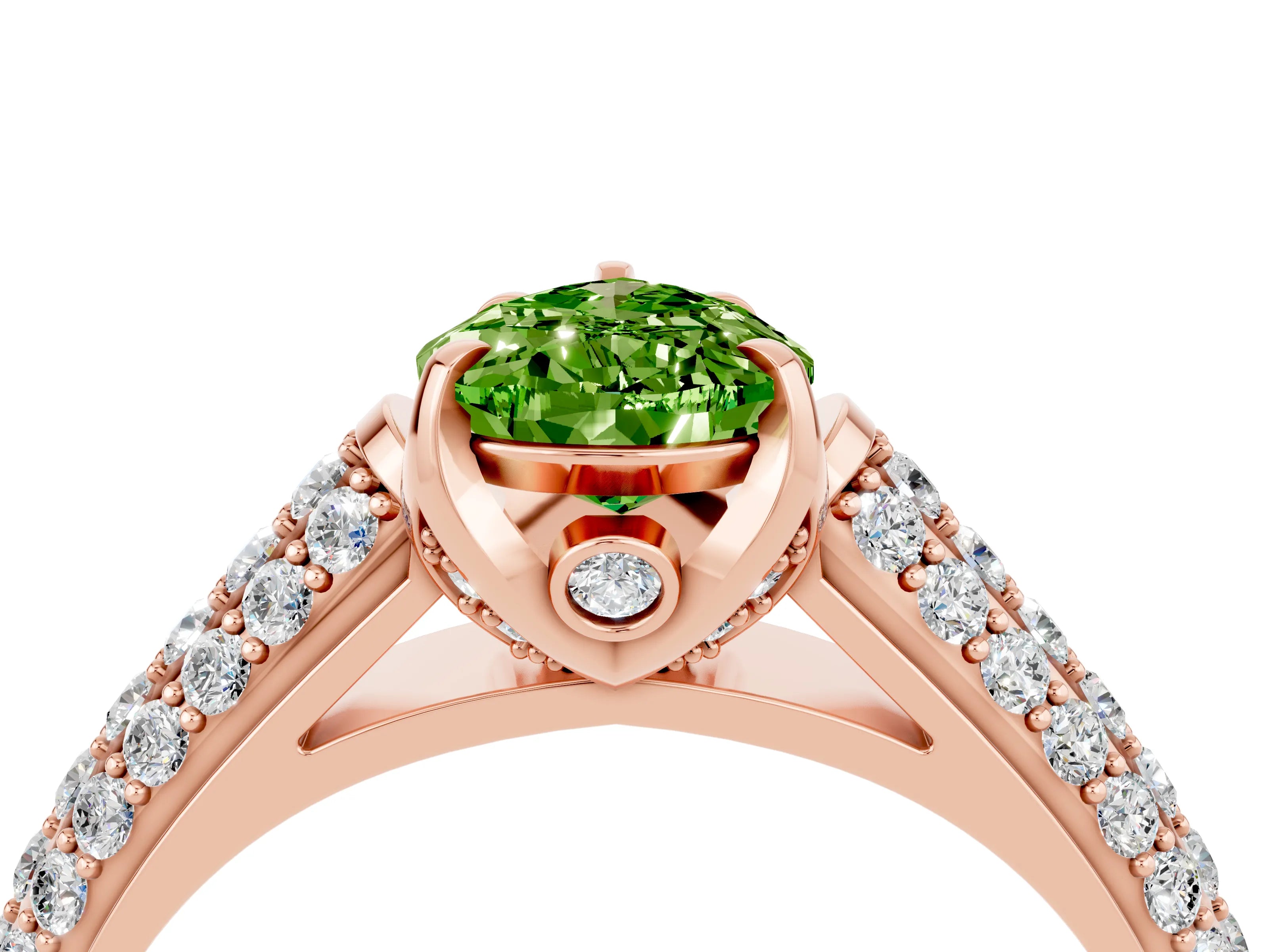 Rose gold Pear Cut Peridot Solitaire Ring with Three-Row Pavé Band and Four-Prong Setting_16