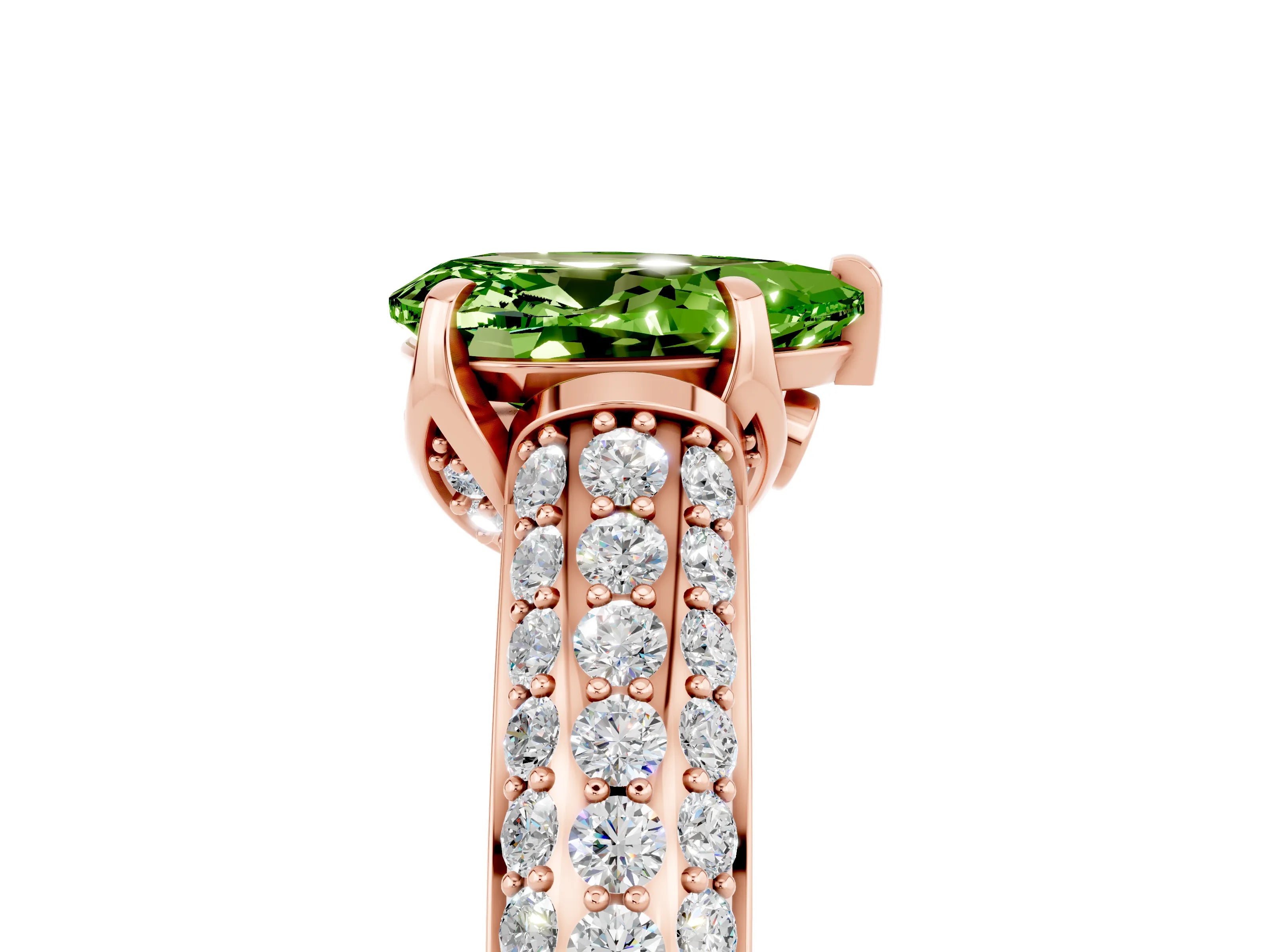Rose gold Pear Cut Peridot Solitaire Ring with Three-Row Pavé Band and Four-Prong Setting_17
