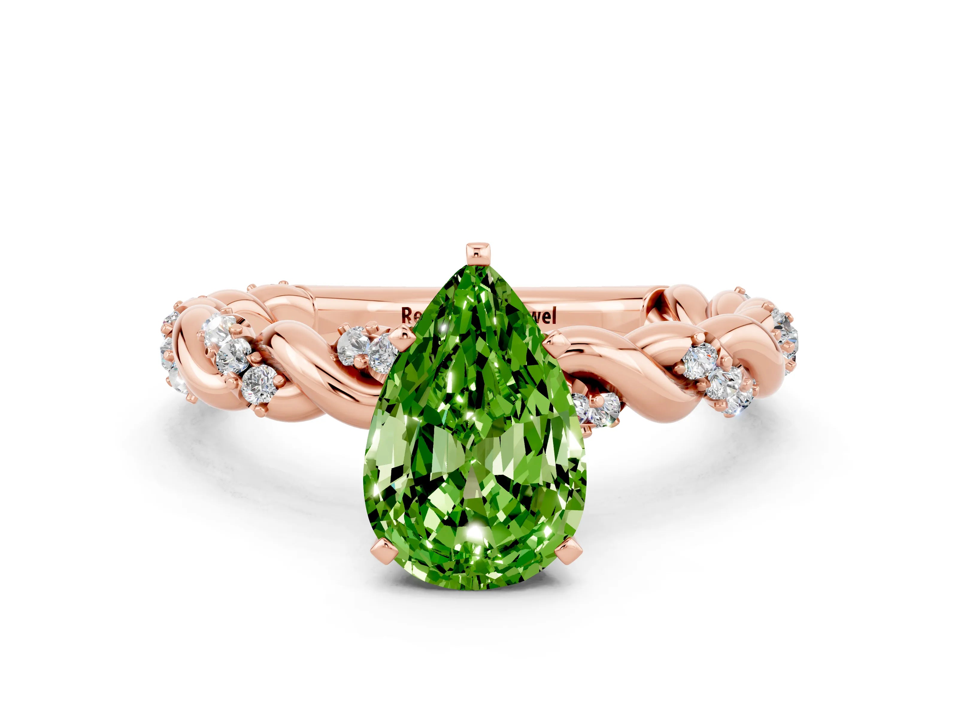 Rose gold Pear Cut Peridot Solitaire Ring with Twisted Band and Pavé Accents