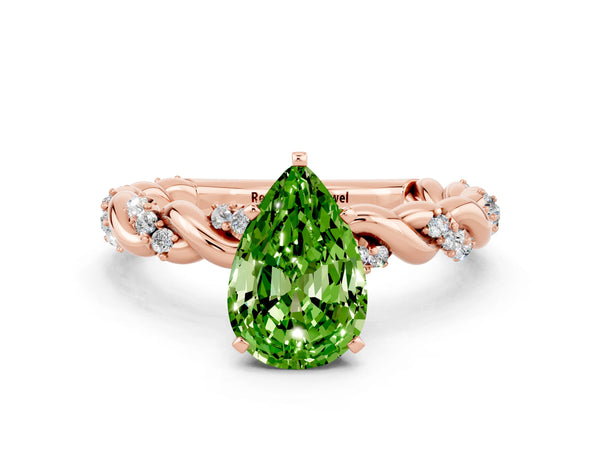 Rose gold Pear Cut Peridot Solitaire Ring with Twisted Band and Pavé Accents