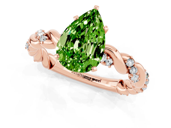 Rose gold Pear Cut Peridot Solitaire Ring with Twisted Band and Pavé Accents