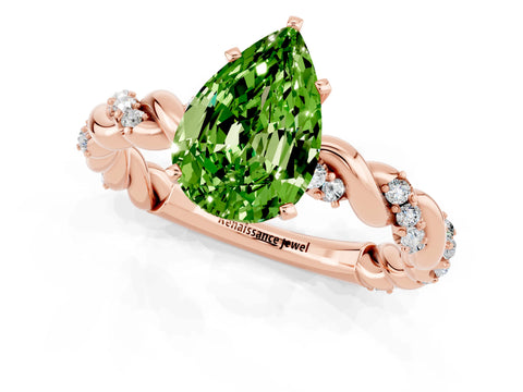 Rose gold Pear Cut Peridot Solitaire Ring with Twisted Band and Pavé Accents_1