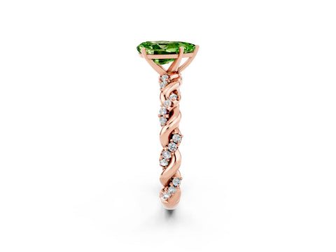 Rose gold Pear Cut Peridot Solitaire Ring with Twisted Band and Pavé Accents_2