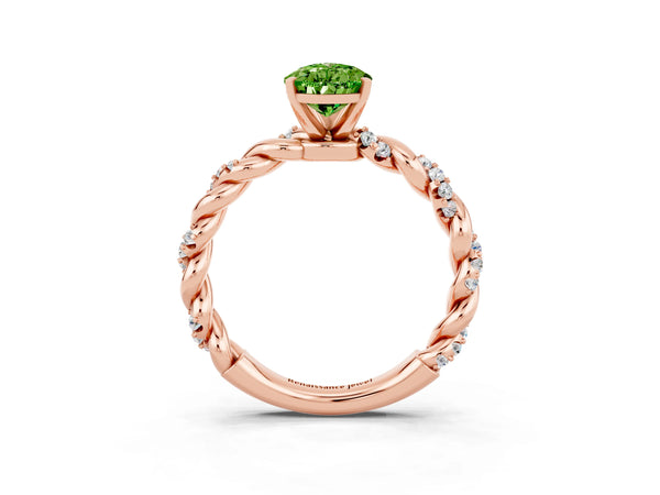 Rose gold Pear Cut Peridot Solitaire Ring with Twisted Band and Pavé Accents